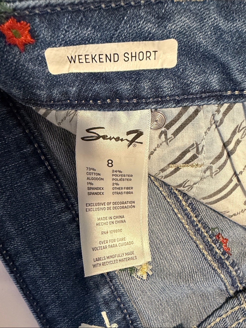 Seven7 Blue Denim Shorts with Embroidered Floral Accents - Picture 3 of 6